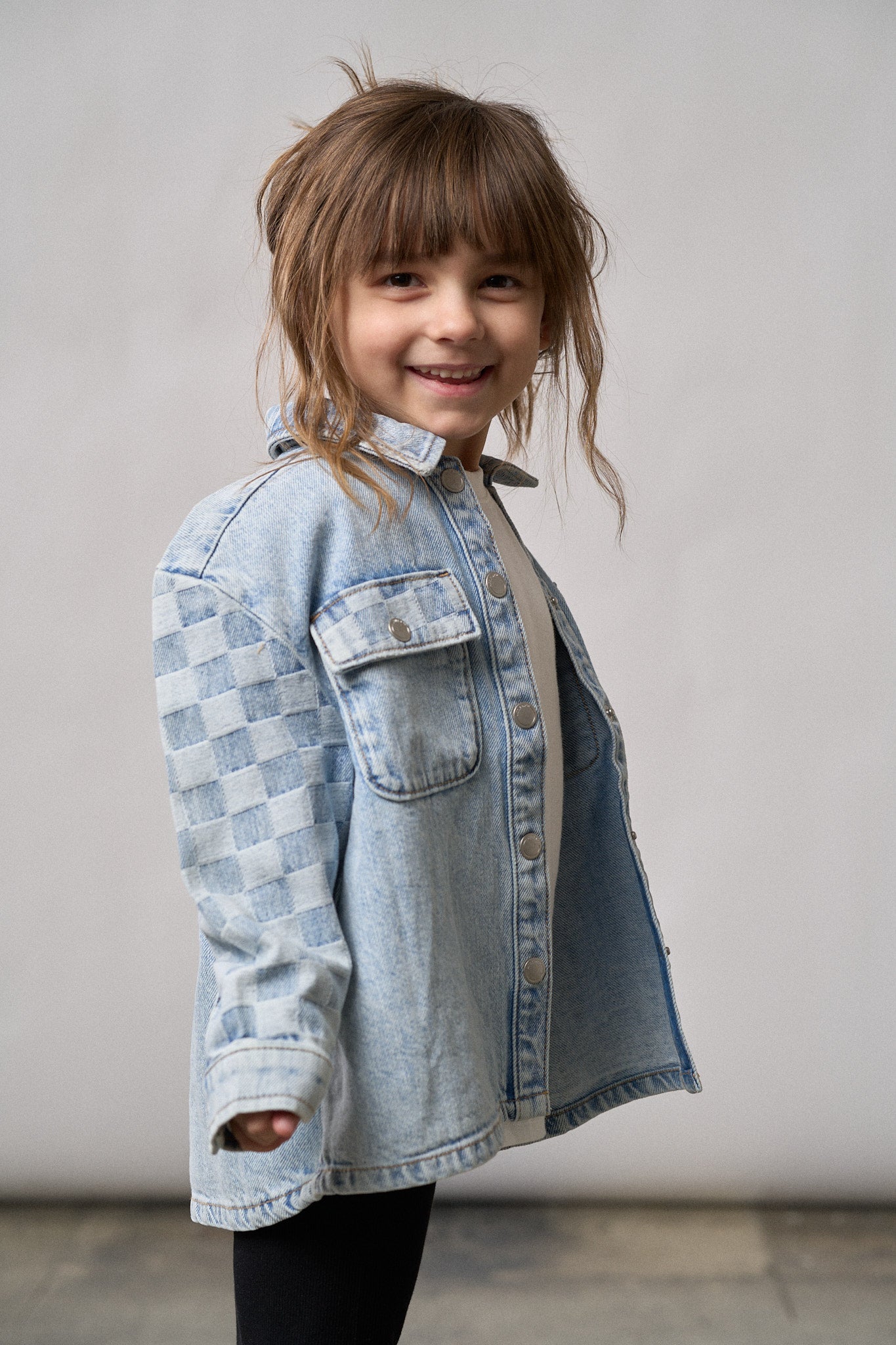 Checkered Denim Shacket - Light Wash