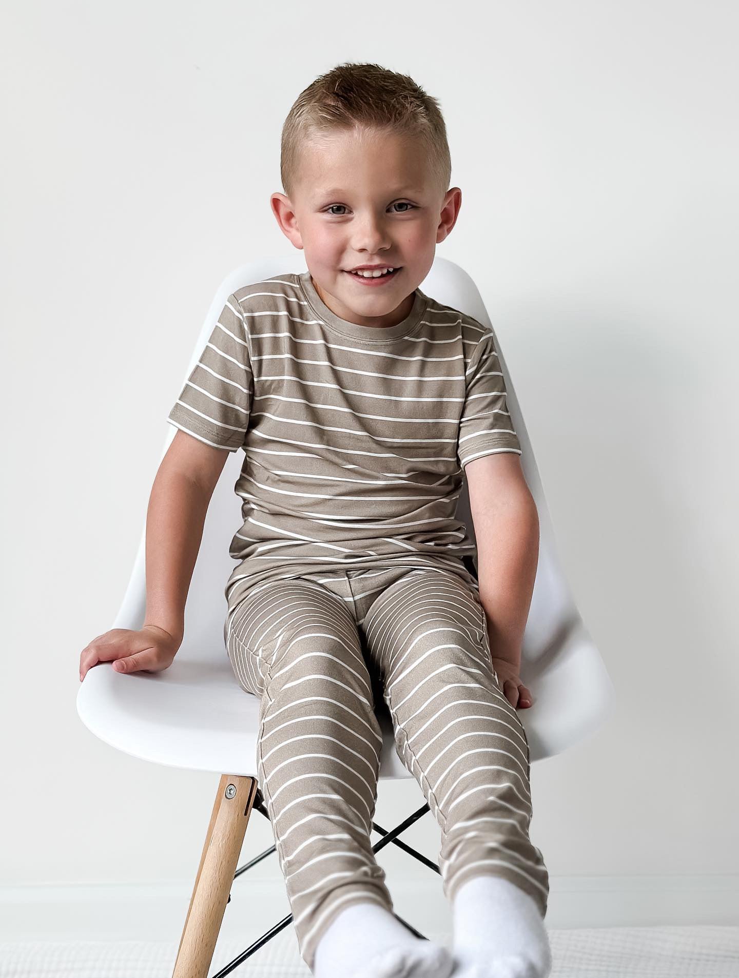 LB x Baby Breez Short Sleeve Pinstripe 2 Piece Pajamas - Khaki Green and White