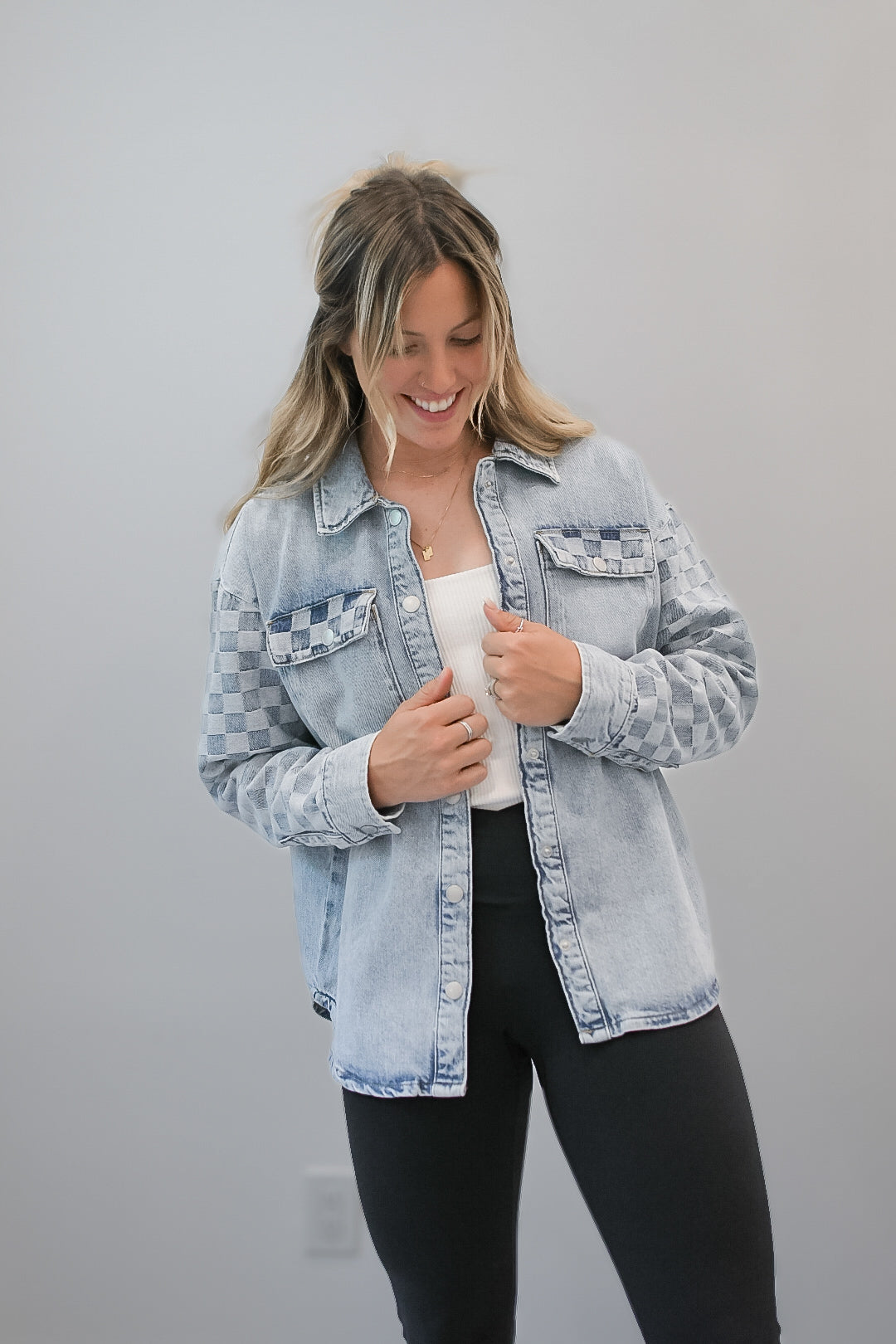 Adult Checkered Denim Shacket - Light Wash