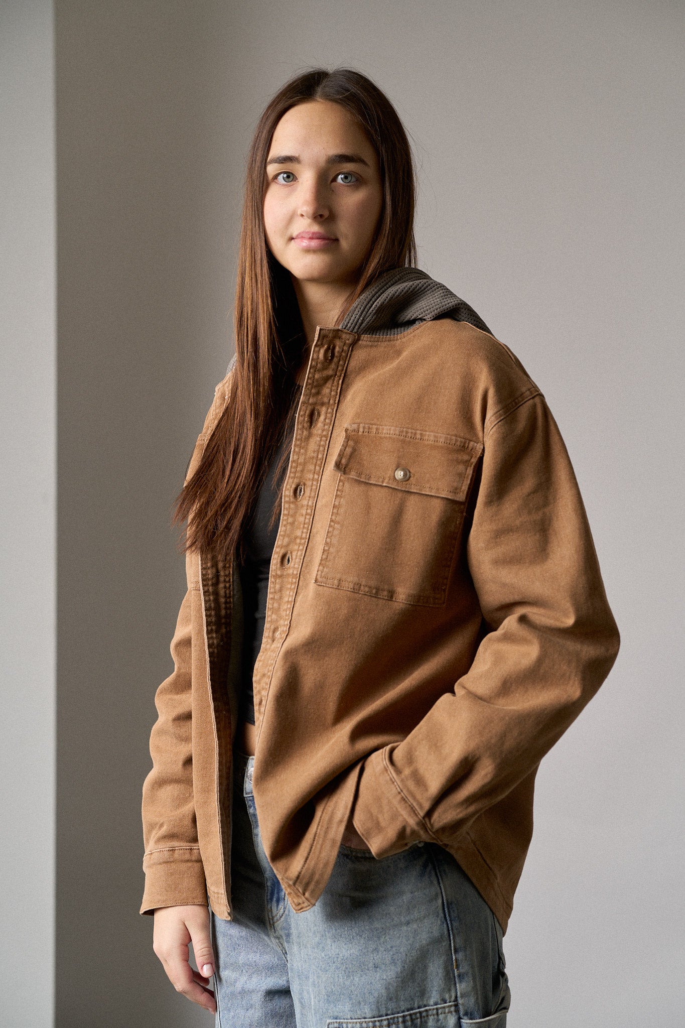 Adult Hooded Denim Shacket - Camel