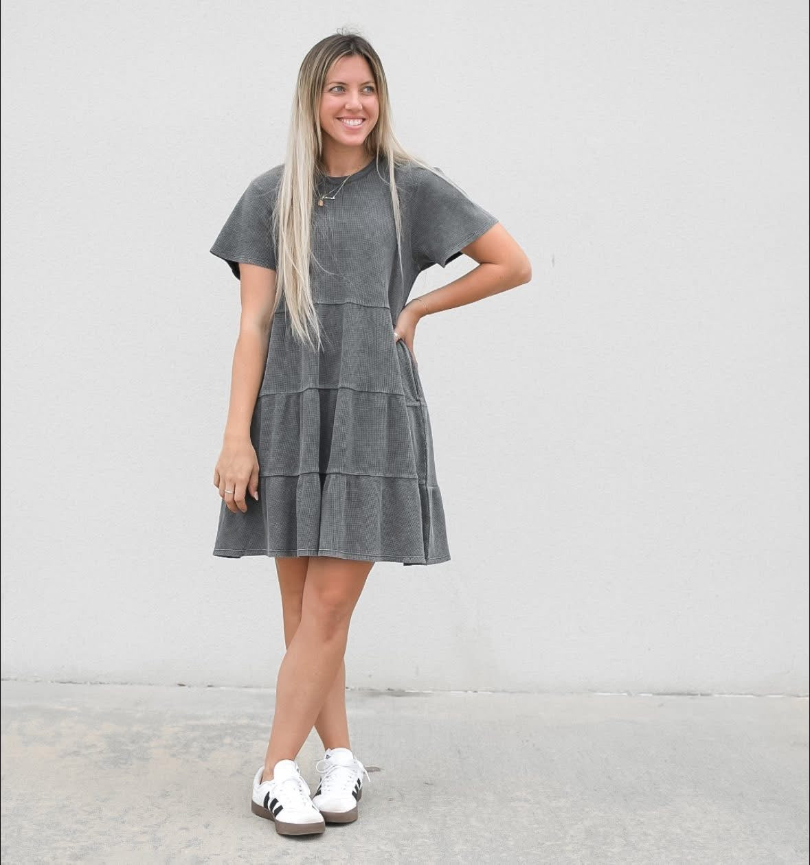 Womens Acid Wash Waffle  Dress - Black