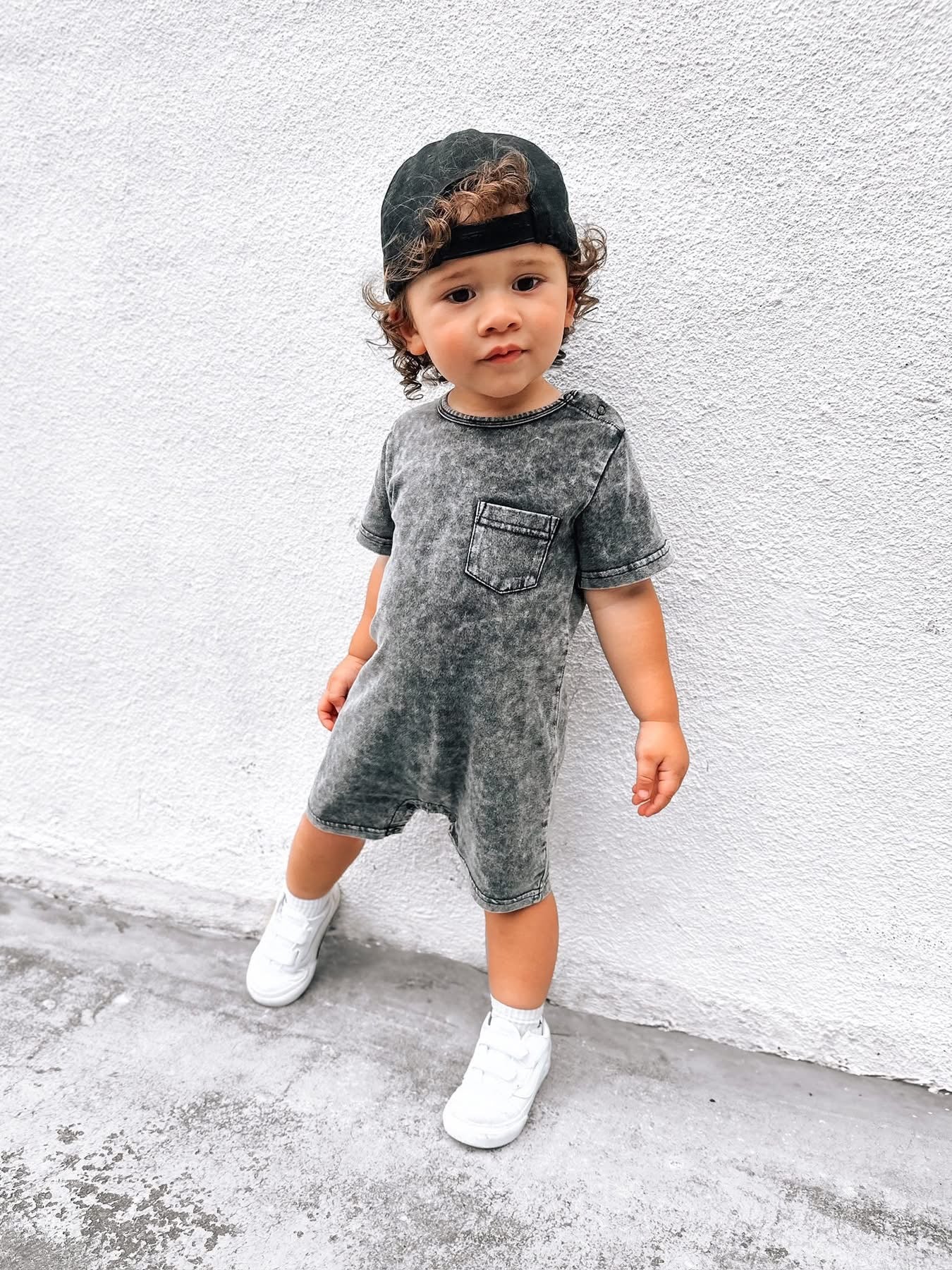 Acid Wash Shortie Romper - Black