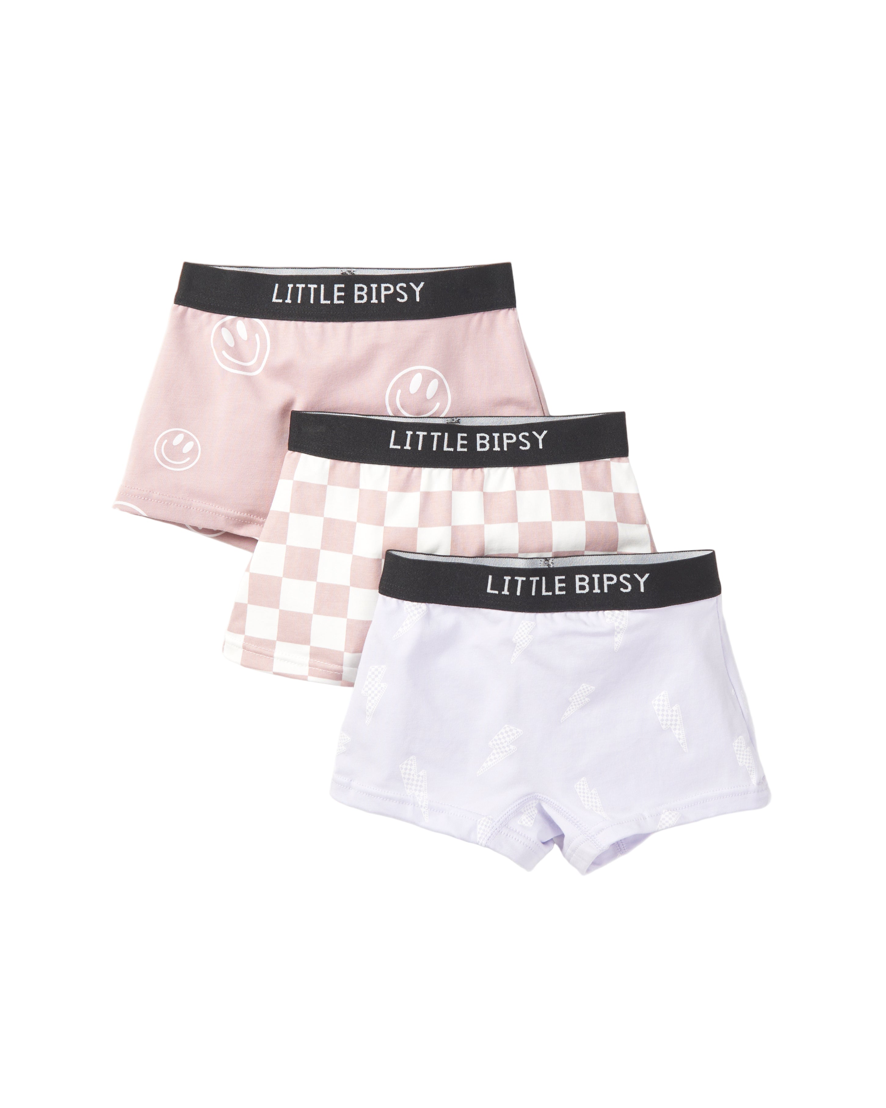 Girl's Boxer Brief 3-Pack - Smiley, Checkered, Lightening Bolt