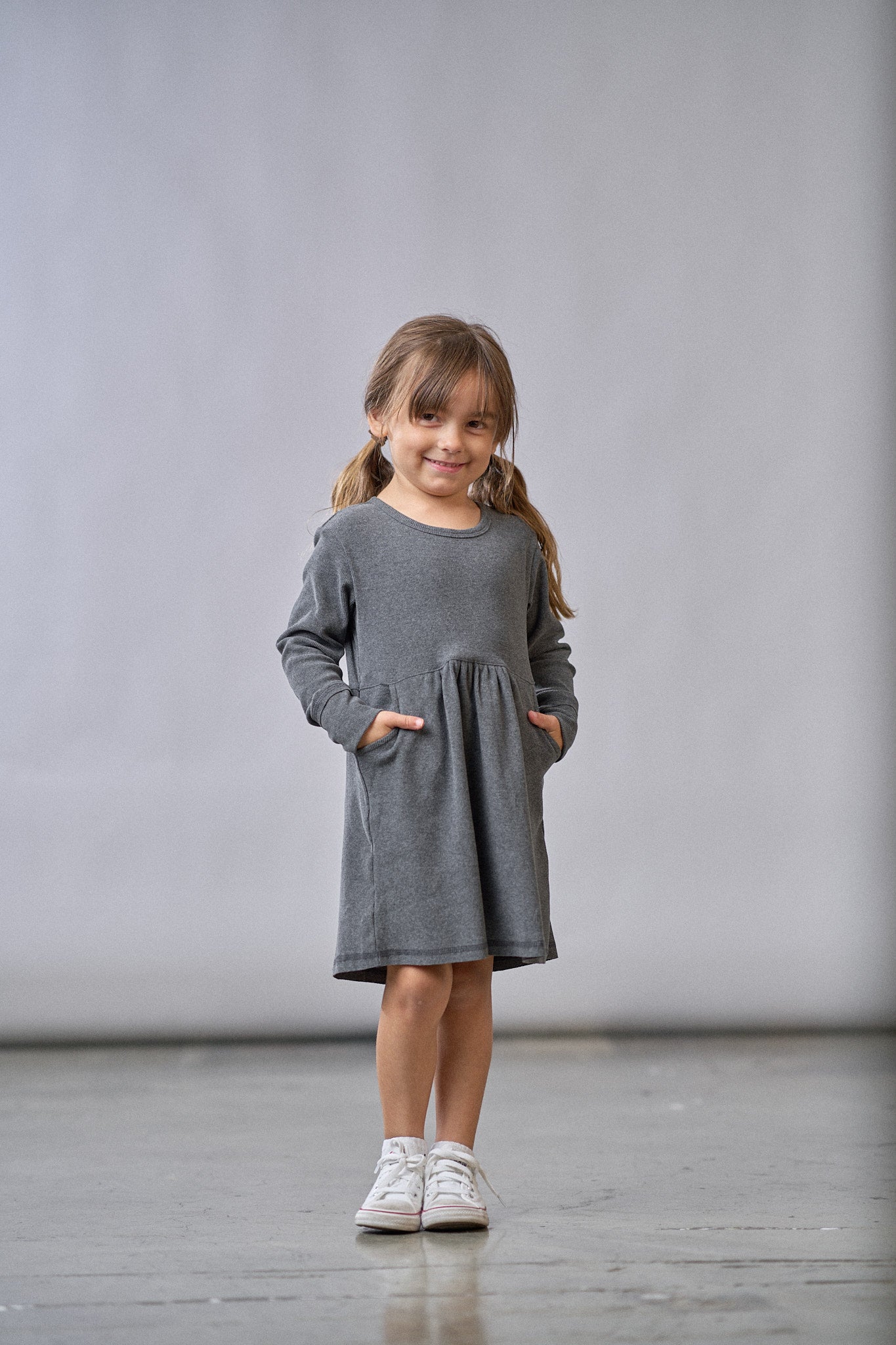 Long Sleeve Ribbed Dress - Heathered Charcoal