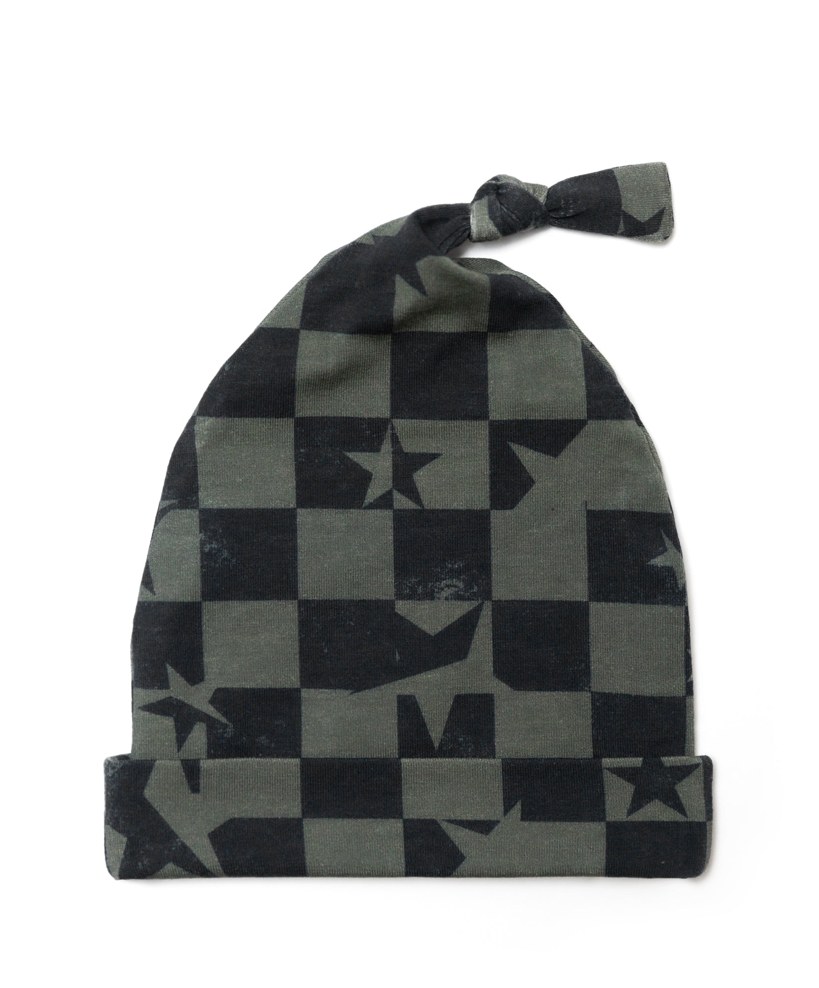 Olive Checkered Star Knotted Beanie