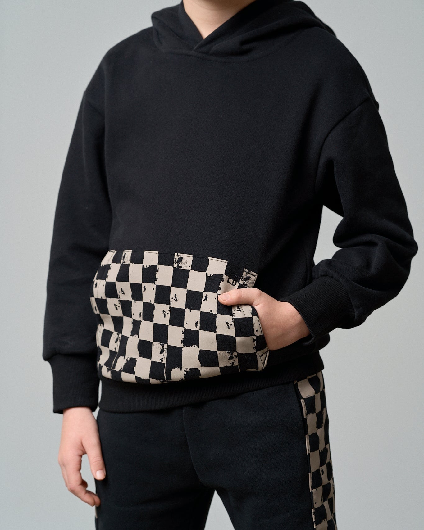 Check Pocket Elevated Hoodie - Black/Mushroom Check - Little Bipsy