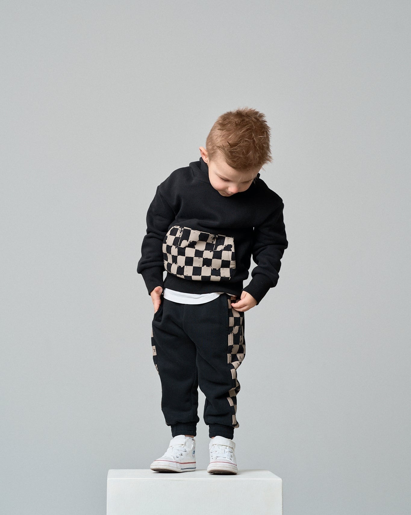 Check Pocket Elevated Hoodie - Black/Mushroom Check - Little Bipsy