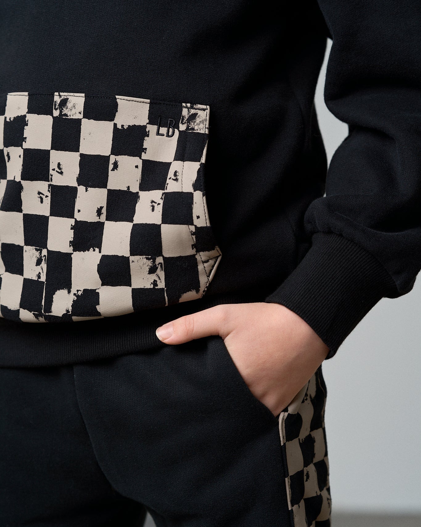 Check Pocket Elevated Hoodie - Black/Mushroom Check - Little Bipsy