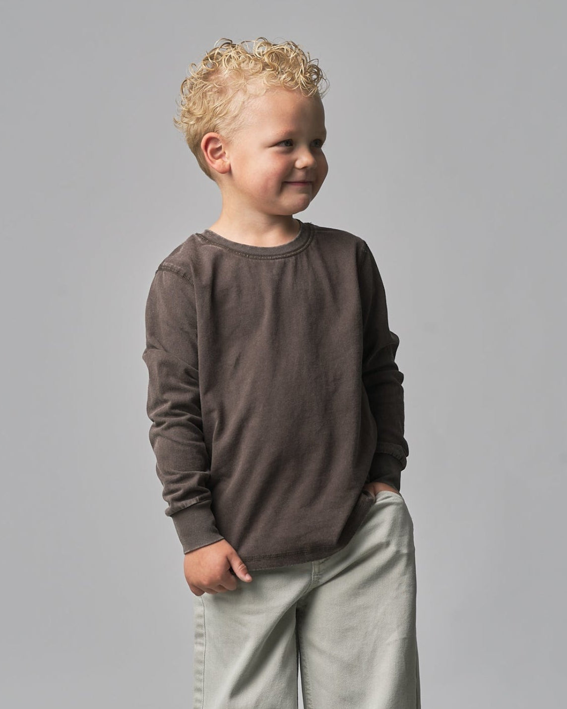 Long Sleeve Mineral Wash Tee - Brown - Little Bipsy