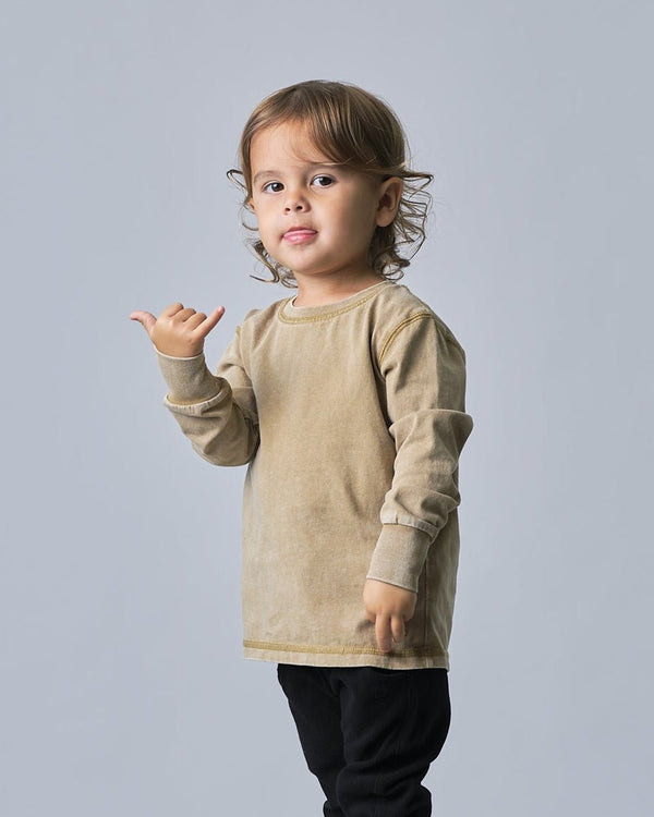 Long Sleeve Mineral Wash Tee - Khaki - Little Bipsy