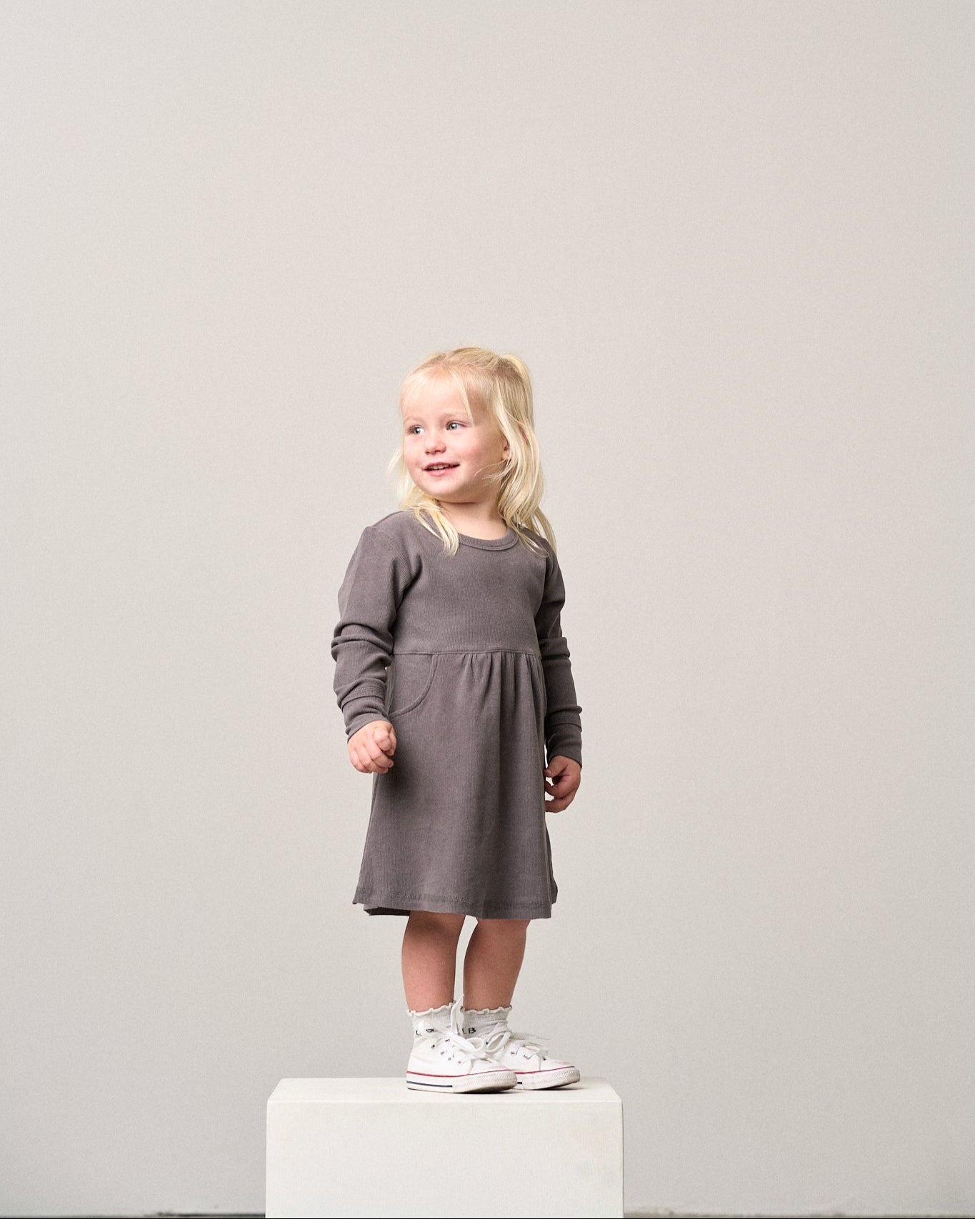 Long Sleeve Ribbed Dress - Graphite - Little Bipsy