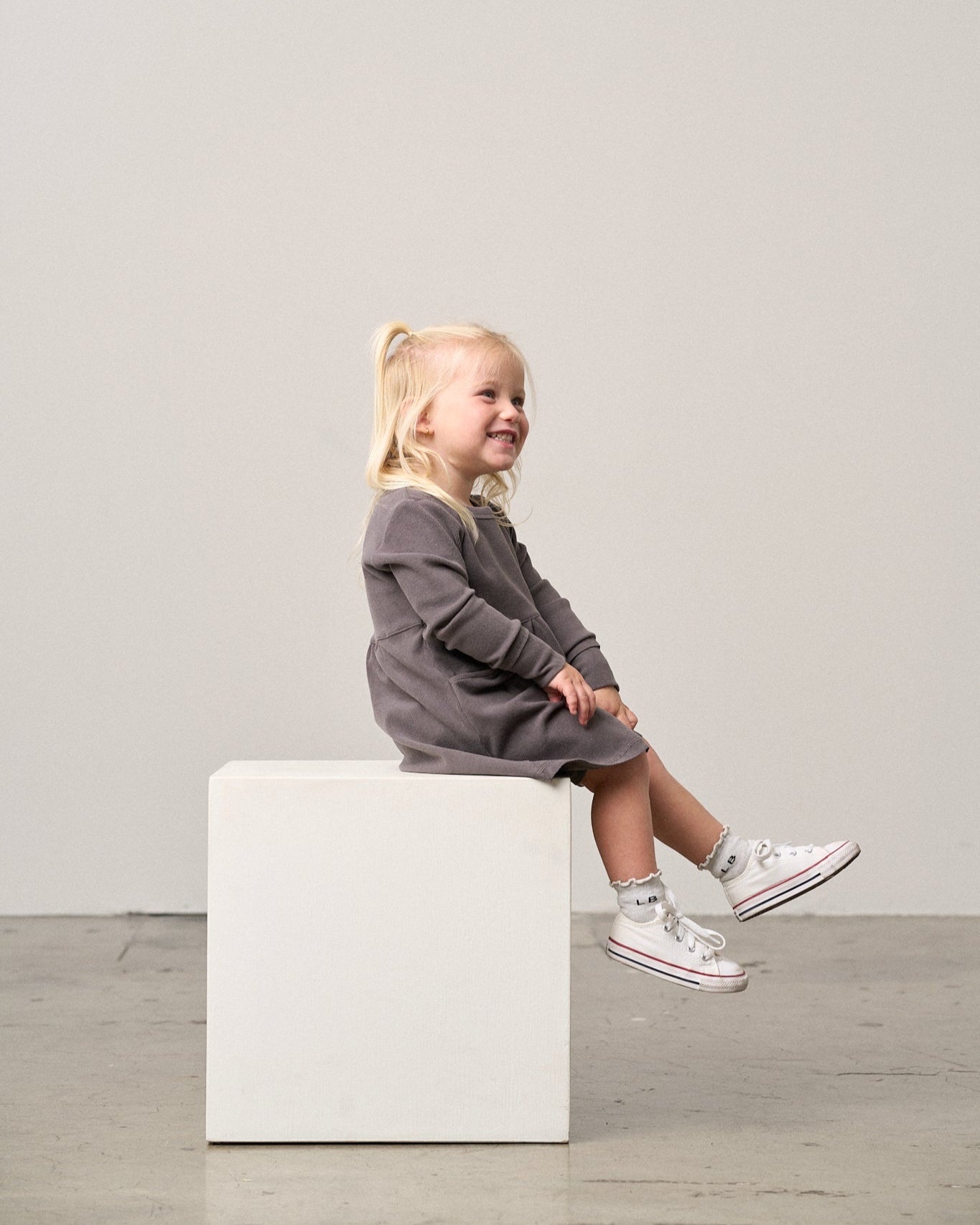 Long Sleeve Ribbed Dress - Graphite - Little Bipsy