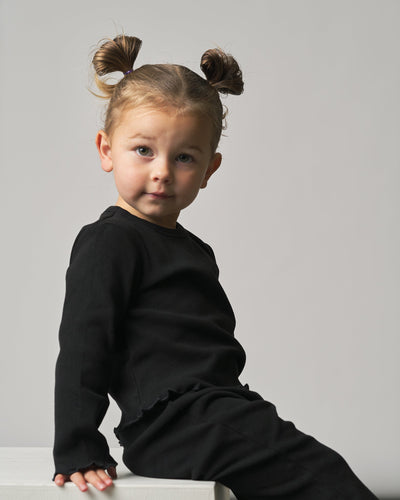 Long Sleeve Ribbed Lettuce Trim Tee - Black - Little Bipsy