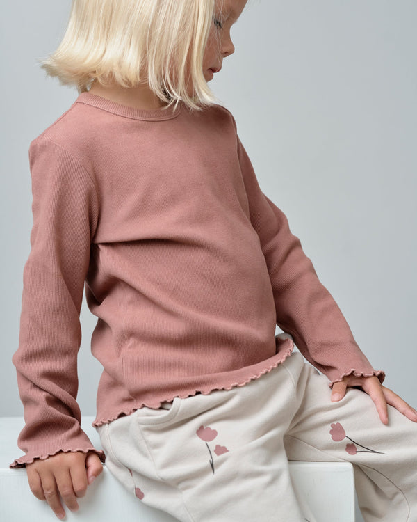 Long Sleeve Ribbed Lettuce Trim Tee - Pink - Little Bipsy