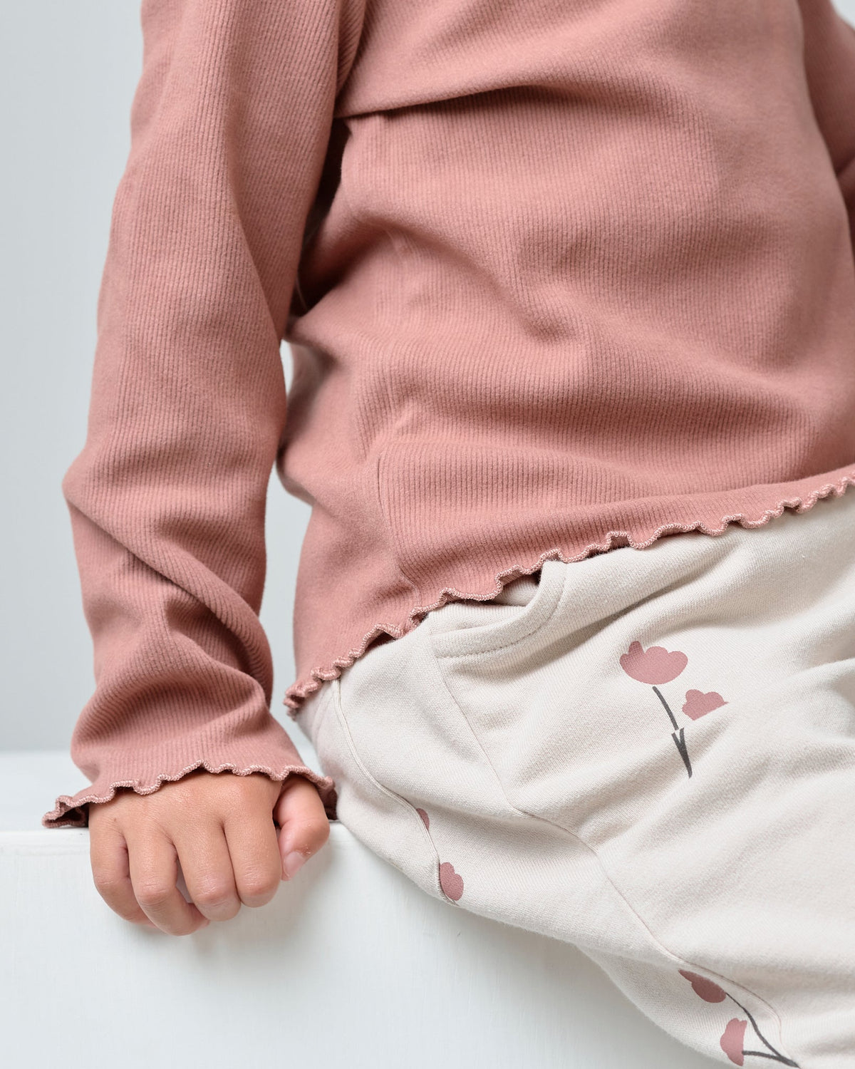 Long Sleeve Ribbed Lettuce Trim Tee - Pink - Little Bipsy