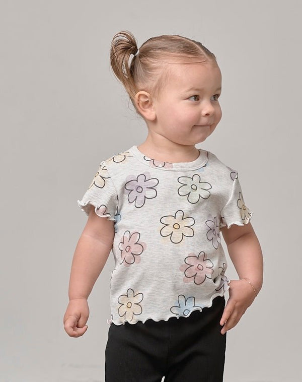 Ribbed Lettuce Trim Tee - Daisy Dreams - Little Bipsy