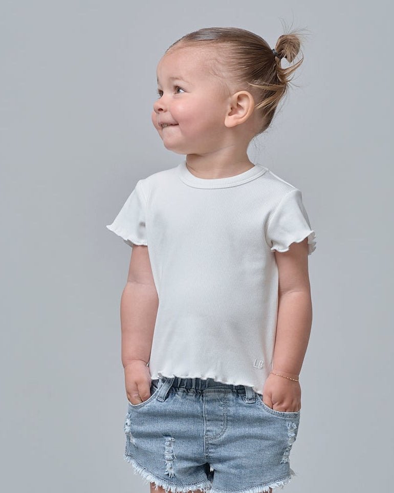 Ribbed Lettuce Trim Tee - White - Little Bipsy