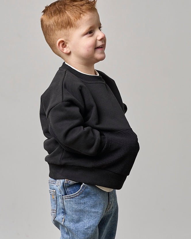 Waffle Hybrid Crewneck - Black - Little Bipsy