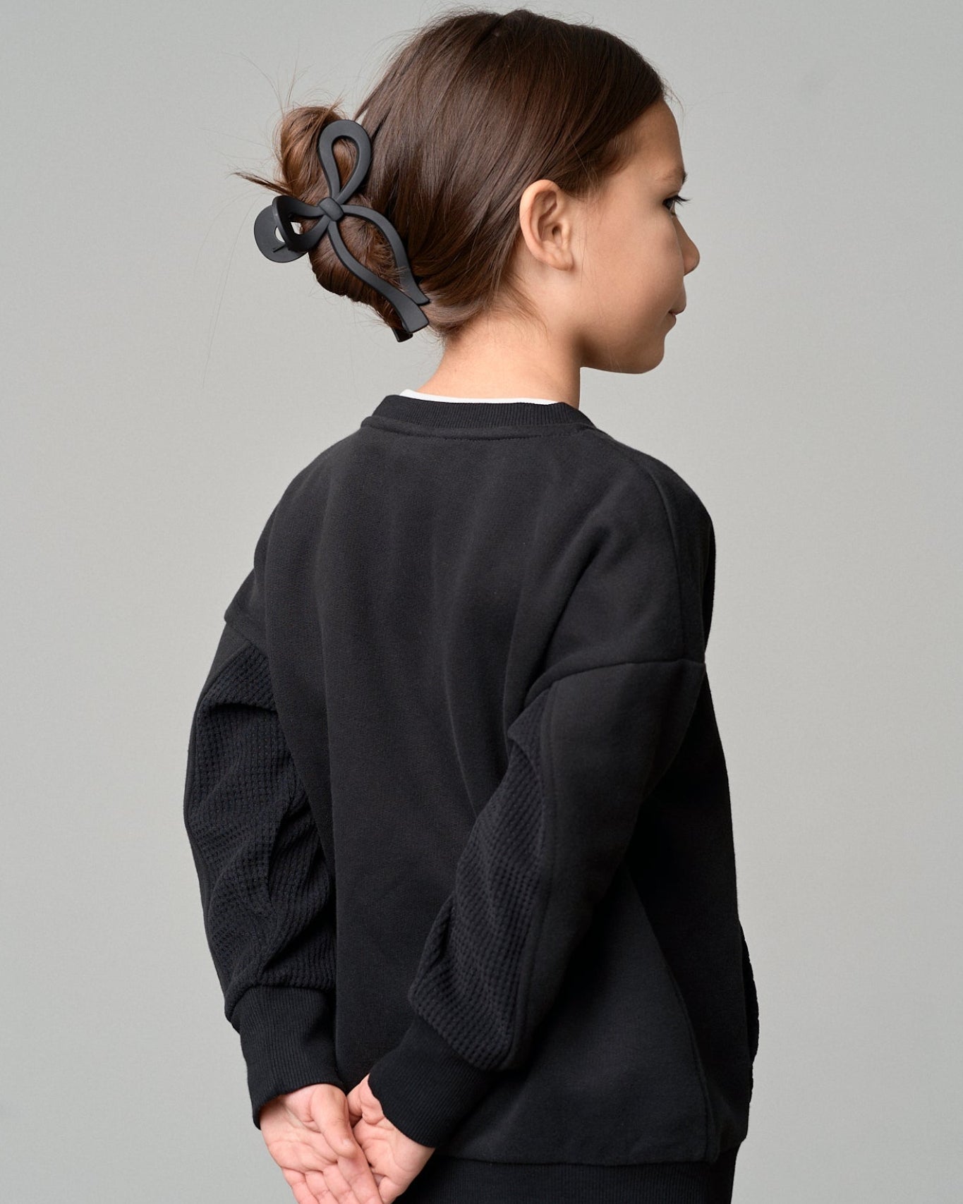 Waffle Hybrid Crewneck - Black - Little Bipsy
