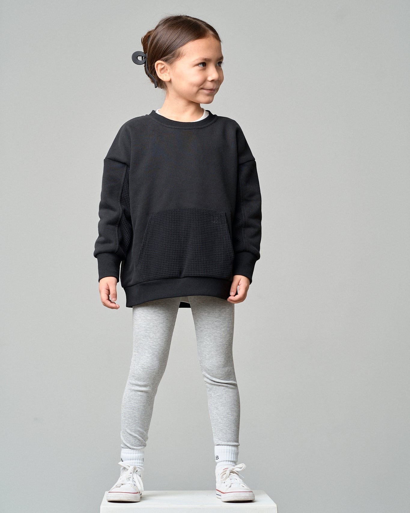 Waffle Hybrid Crewneck - Black - Little Bipsy