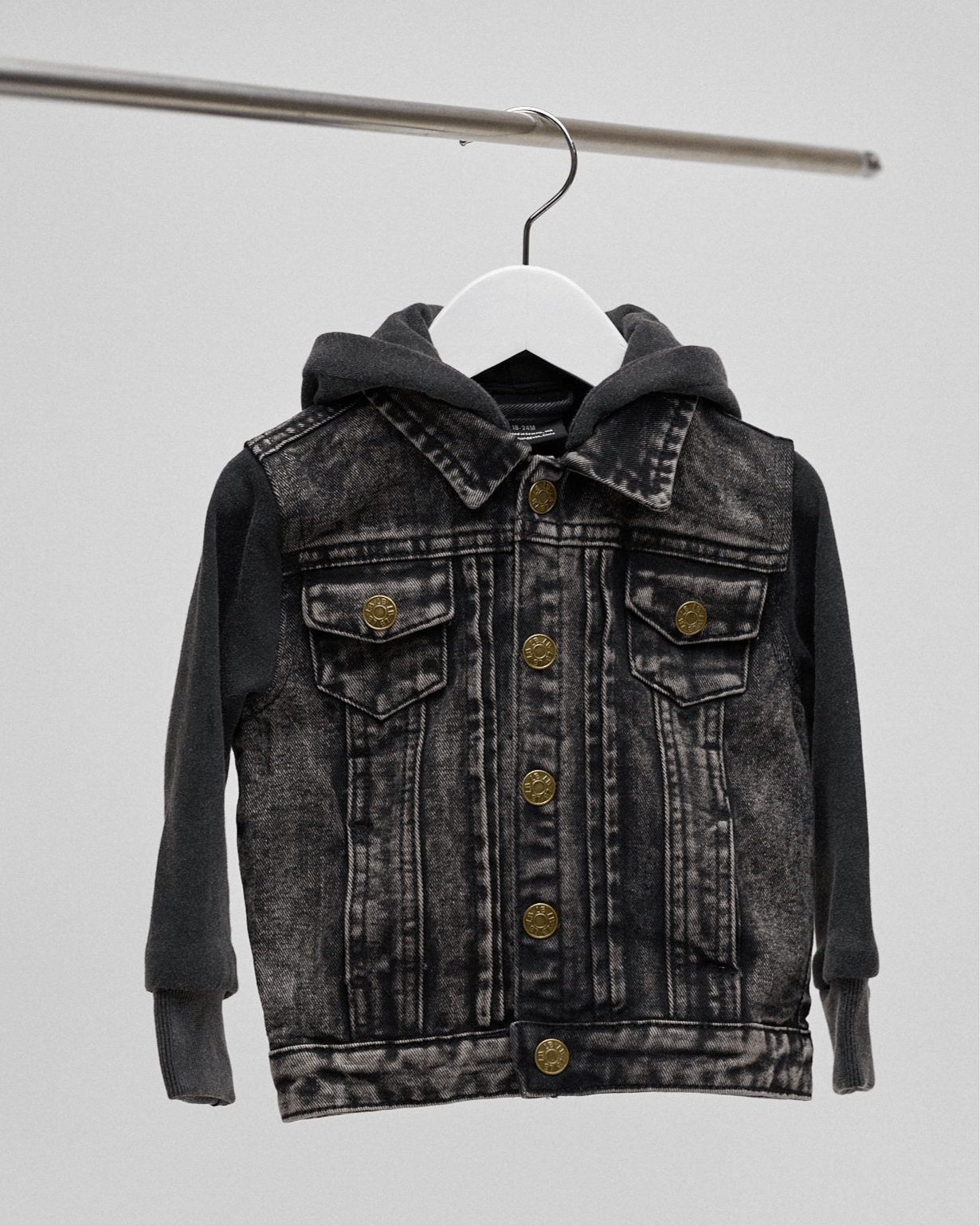 Washed Hooded Denim Jacket - Black - Little Bipsy