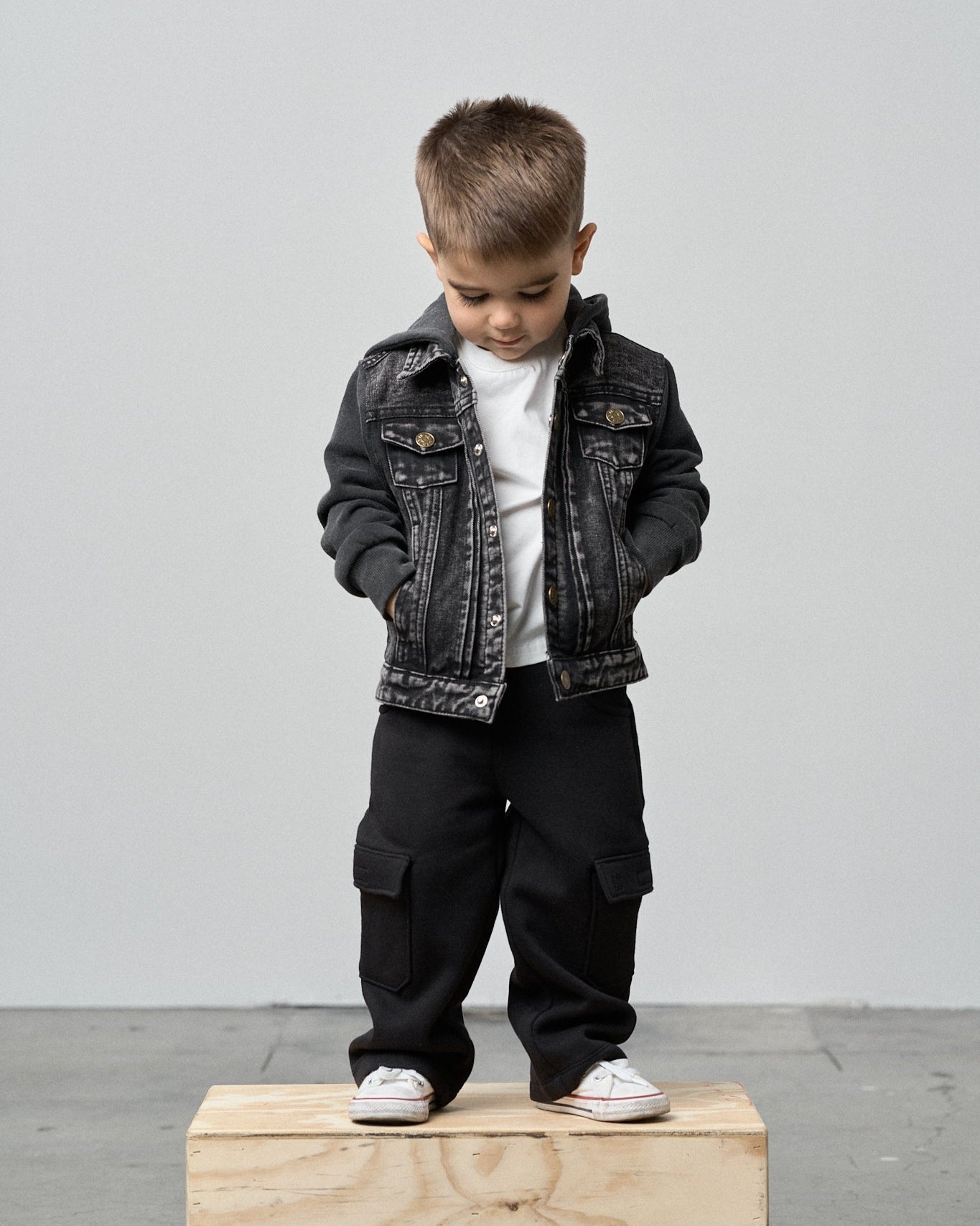 Washed Hooded Denim Jacket - Black - Little Bipsy