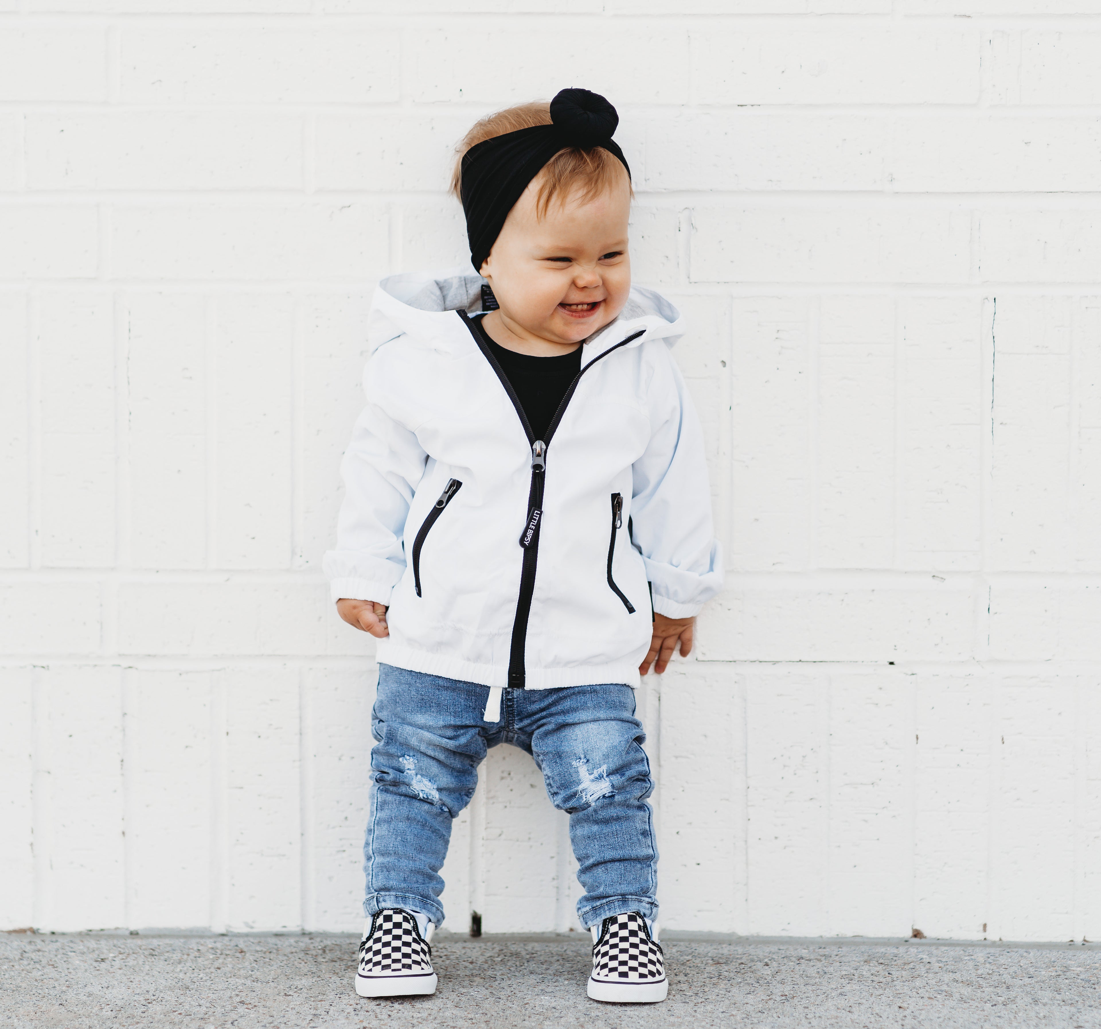 baby street style outfit with baby ripped denim