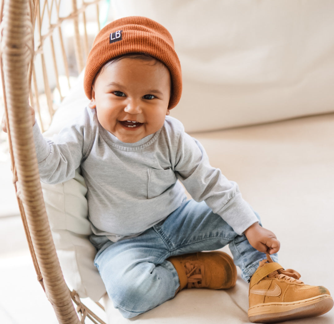 toddler street style outfit with kids basic long sleeve tee in grey