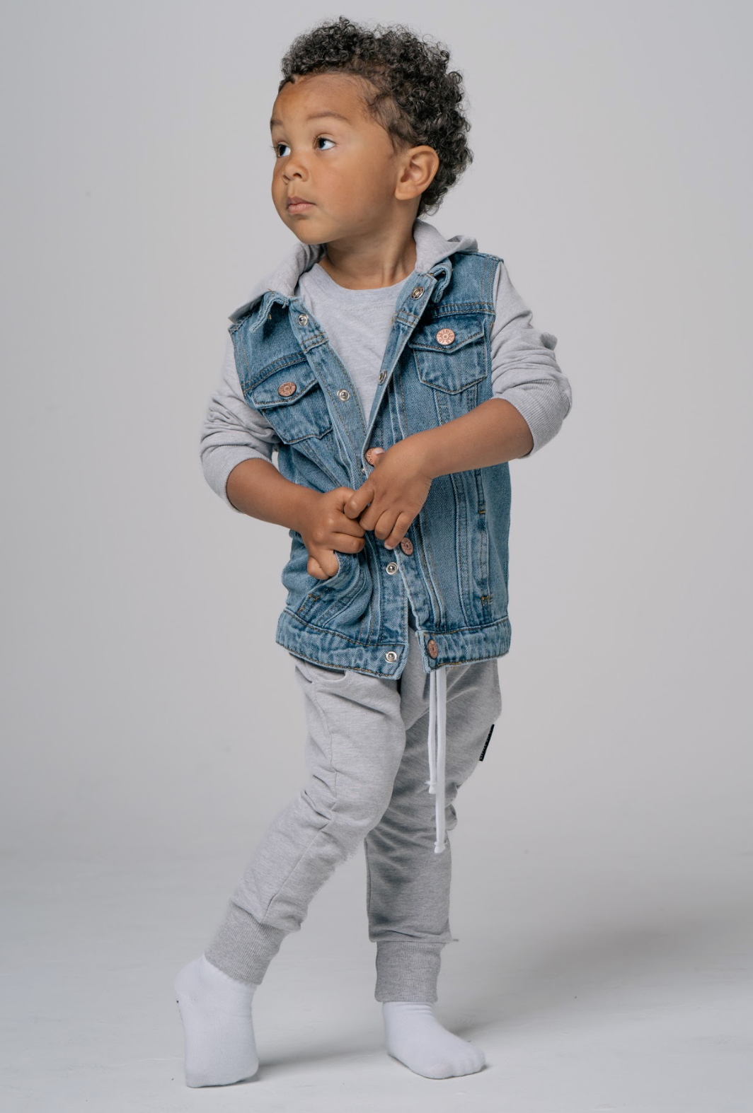 boys trendy outfit with kids hooded denim jacket and kids grey joggers