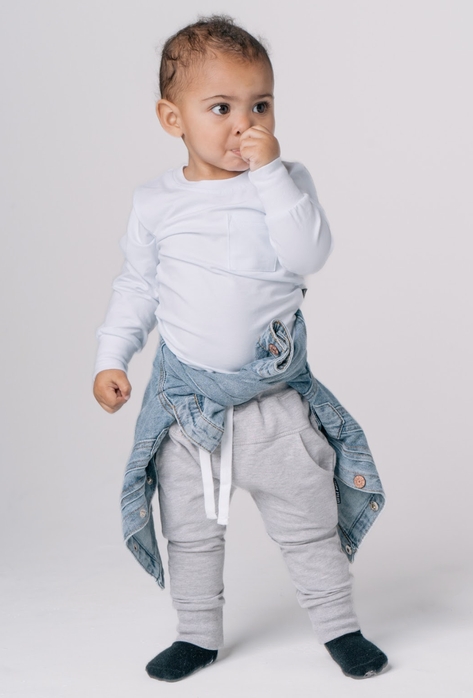 toddler street style outfit with toddler grey joggers