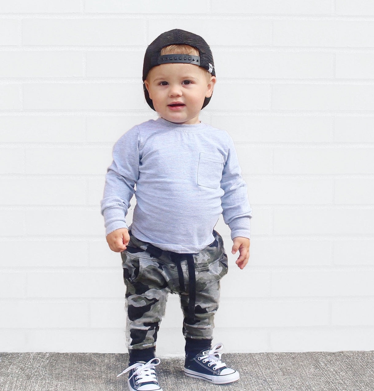 toddler street style outfit with kids basic long sleeve tee in grey