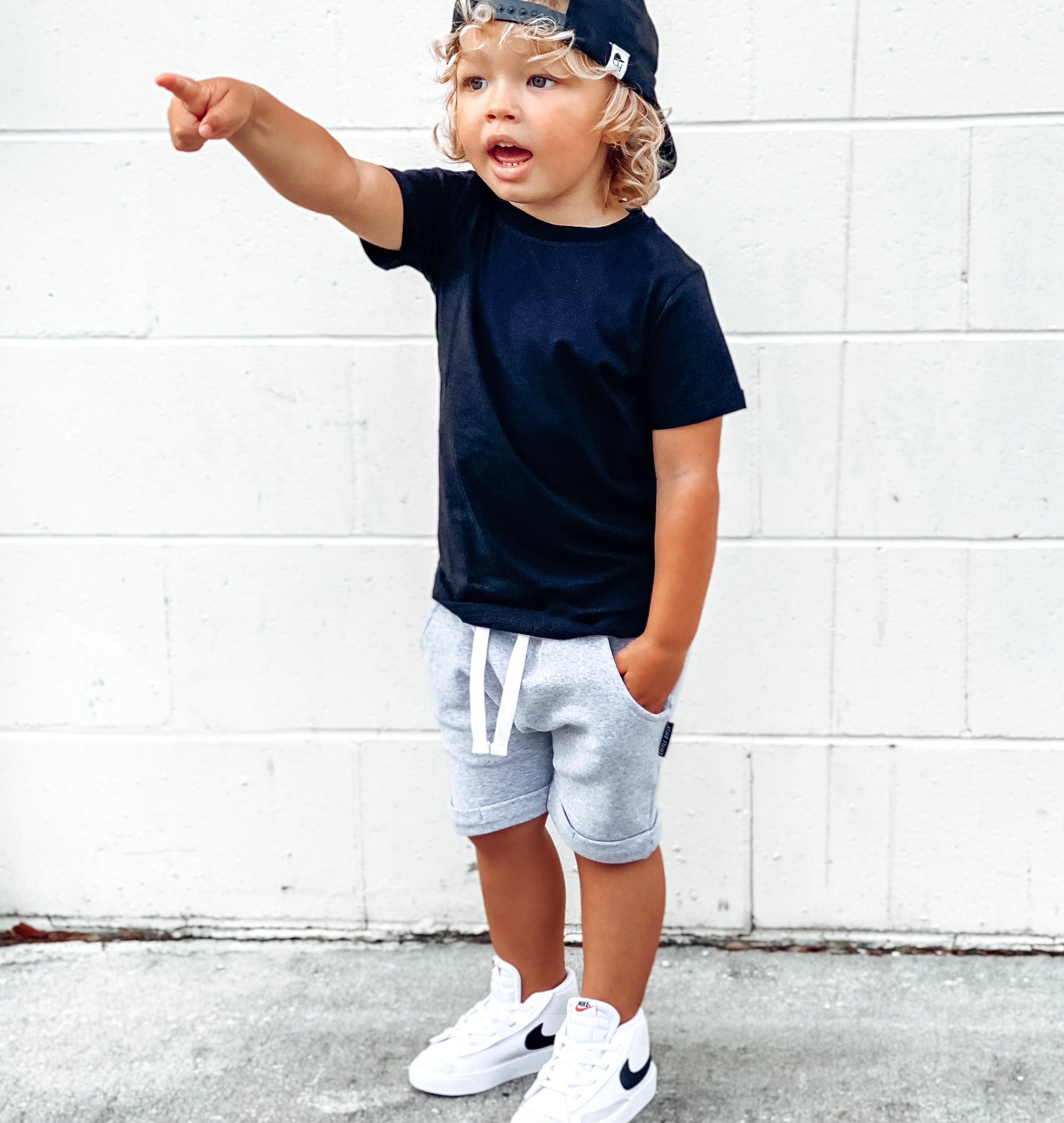 trendy kids outfit with kids grey harem shorts