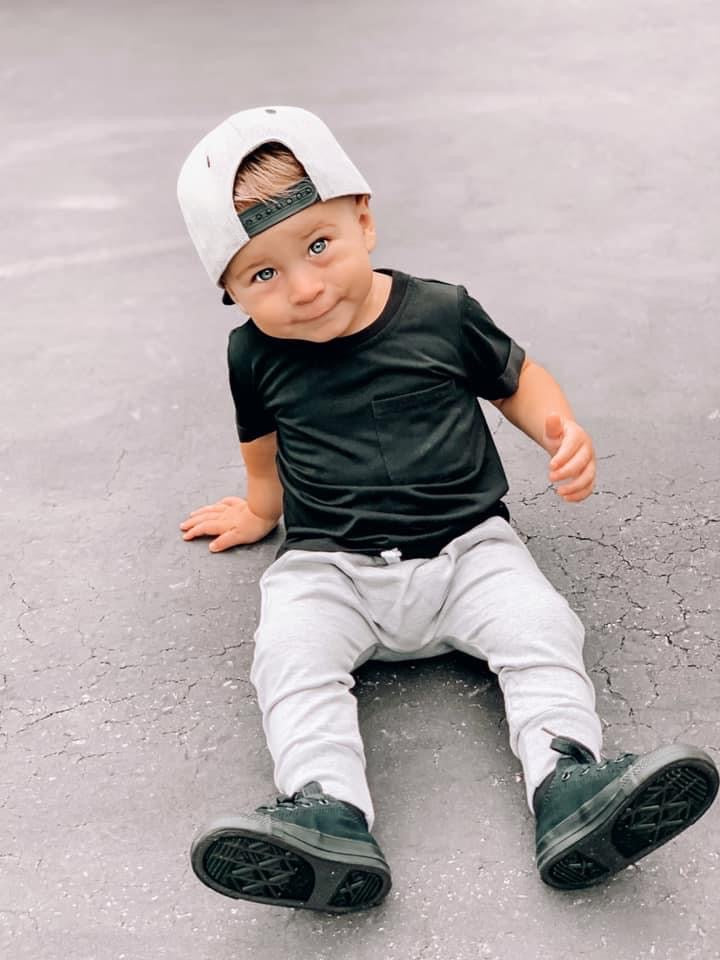 toddler street style outfit with toddler grey joggers