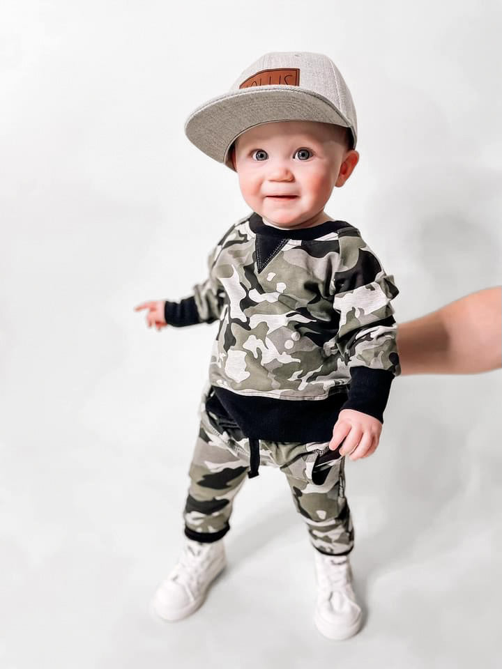 baby street style outfit with baby trendy camo joggers and baby camo pullover