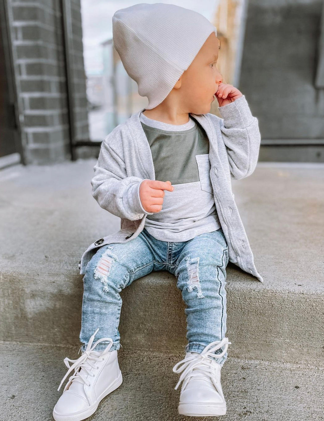 toddler street style outfit with toddler ripped denim