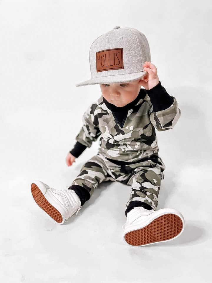 baby street style outfit with baby camo joggers and baby camo pullover.