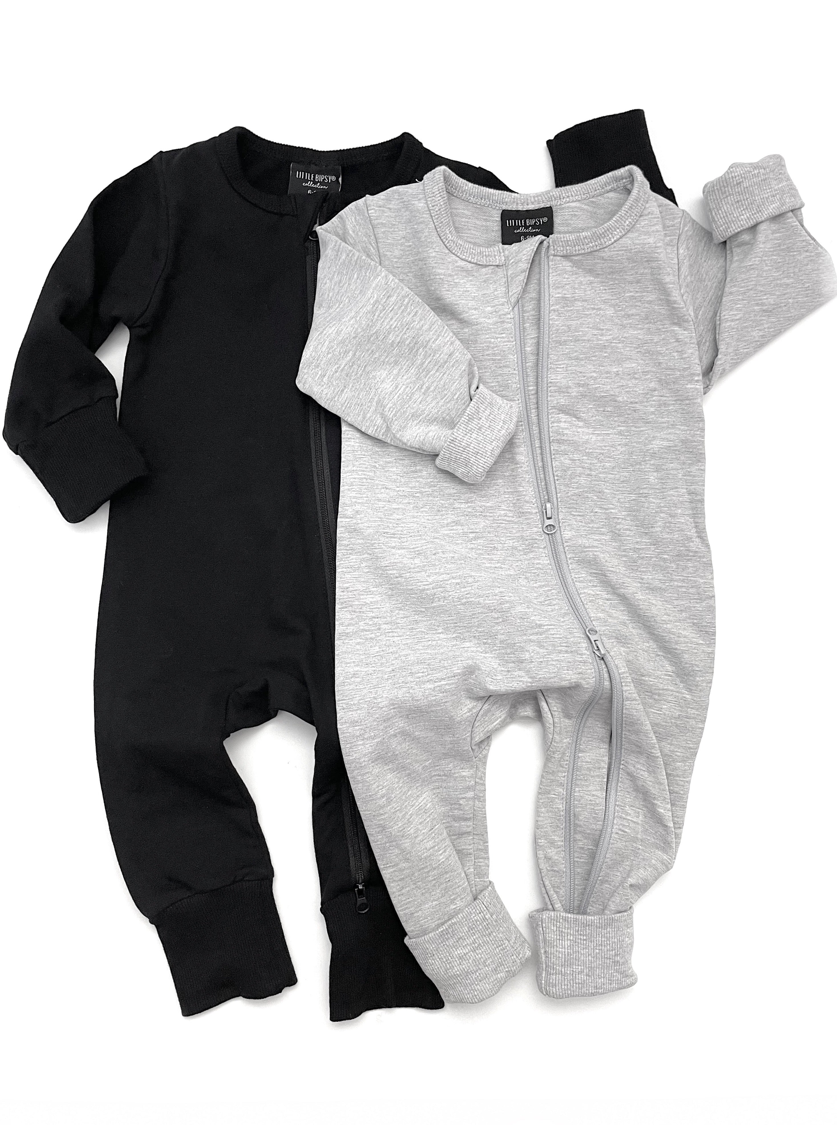 Black and grey two-way zip rompers